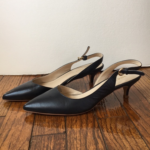 navy blue kitten heel slingbacks